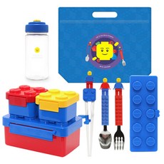 OXFORD 積木造型便當盒組+積木造型餐具組 藍色+水瓶 藍色+印花手提保冷袋, 混色, 1組