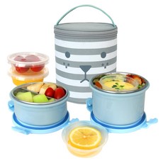 Lollimon雙不銹鋼圓形飯盒+醬瓶套組, 藍色, 1組