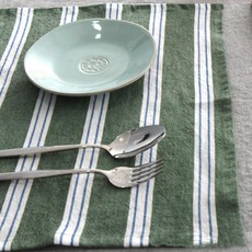 LEV LIFE 水洗亞麻條紋廚房巾 S, 綠底白 + 藍條紋, 1個