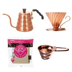 HARIO 銅製手沖咖啡組 手沖壺+咖啡濾杯+量匙+咖啡濾紙, 1組, 混色