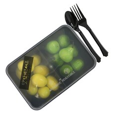 Hwang's 飯盒 PP 黑色 2 格一次性飯盒 11p + 蓋子 11p + Kali 美味貼紙 黑色 11p + 黑色叉子 5p + 黑色勺子 5p, 1組, 11入