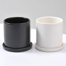 HAPPY WORLD 啞光圓形花盆 2p + 花盆托盤 2p 套組 中, 黑色 + 白色
