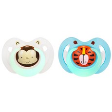 Nuby 動物圖案夜光安撫奶嘴2入組, 6~18個月, 猴子+老虎, 1組