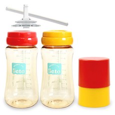 lieto PPSU奶瓶 300ml 2入+補充吸管, 無奶嘴, 紅色+黃色