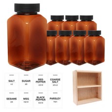 홈앤라이프 갈색 사각 PET 양념통 검정 캡 200ml x 8p + 흰색 스티커 8p + 사각 선반 세트, 1세트, 양념통 사각 8p + 흰색 스티커 8종 + 사각 2단 선반