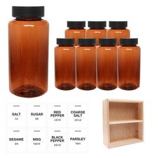 홈앤라이프 갈색 원형 PET 양념통 검정 캡 200ml x 8p + 흰색 스티커 8p + 사각 선반 세트, 1세트, 양념통 원형 8p + 흰색 스티커 8종 + 사각 2단 선반