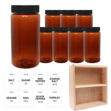 홈앤라이프 갈색 원형 PET 양념통 검정 캡 350ml x 8p + 흰색 스티커 8p + 사각 선반 세트, 1세트, 양념통 원형 8p + 흰색 스티커 8종 + 사각 2단 선반