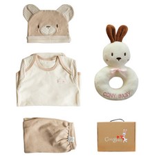 코니베이비 신생아용 오가닉 곰돌이 옷 3종 선물세트+ 토끼 코니 딸랑이