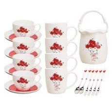 LKmade 玫瑰圖案茶點餐具組 19入, 1組, 咖啡杯 4入+咖啡盤 4入+馬克杯 4入+茶匙 2入+茶叉 4入+收納桶