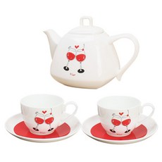 LKmade 酒杯圖案骨瓷下午茶餐具 6件組, 1套, 咖啡杯 2p + 碟子 2p + 咖啡壺 2p（主體 + 蓋子）