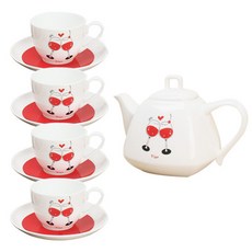 LKmade 乾杯印花咖啡杯 4入+碟子 4入+咖啡壺+壺蓋, 1套, 咖啡杯 4p + 碟子 4p + 咖啡壺 2p（主體 + 蓋子）