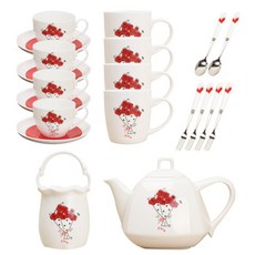 LKmade 玫瑰圖案茶點餐具 21入組合, 1組, 咖啡杯 4入+咖啡盤 4入+馬克杯 4入+茶匙 2入+茶叉 4入+收納桶+咖啡壺 2入(本體+蓋子)