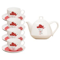 LKmade 玫瑰圖案茶點餐具 10入組合, 1套, 咖啡杯 4p + 碟子 4p + 咖啡壺 2p（主體 + 蓋子）