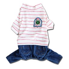 COCOAHONEY 寵物專用條紋圖案連身牛仔褲, 紅色的