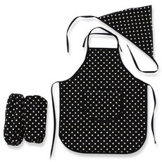 dot RECORD 孩童純棉圍裙+頭巾+袖套, 黑色圓點款