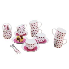 LKmade Bone China 彩色圓點粉紅色茶具套組, 1組, 馬克杯 4入+茶杯 4入+碟子 4入+叉子 4入+茶匙 2入+餐具收納桶