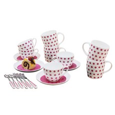 LKmade Bone China 彩色圓點粉紅色茶具套組, 1組, 馬克杯 4入+茶杯 4入+碟子 4入+叉子 3入+茶匙 2入