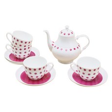 LKmade Bone China 彩色圓點粉紅色茶具套組, 1組, 茶壺+茶壺蓋+茶杯 4入+碟子 4入