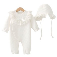 Mom's care 女童絎縫蕾絲按扣背帶褲+帽子套裝