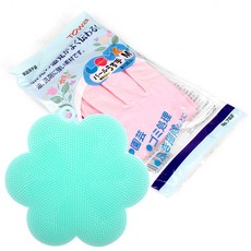 투와 고무장갑 핑크 + 실리콘 꽃 수세미 라이트블루, 1세트, 중(M)