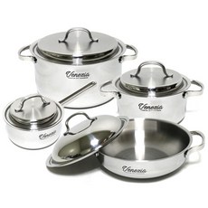 Kitchen-Art 電磁爐適用Venezia系列5層不鏽鋼鍋具 4入組, 1組, 單柄湯鍋16cm+雙耳湯鍋18cm+雙耳湯鍋24cm+雙耳淺湯鍋24cm, 銀色