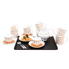 LKmade 圓點圖案下午茶餐具組 21入, 1套, 咖啡杯 4p + 碟子 4p + 茶匙 2p + 茶叉 4p + 馬克杯 4p + 水碗 1p + 茶壺 + 茶壺蓋