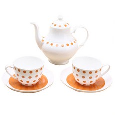 LKmade 骨瓷色點橙茶時間套組 6p, 1套, 咖啡杯 2p + 碟子 2p + 茶壺 + 茶壺蓋