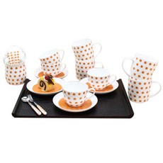 LKmade 彩色橘色圓點杯具19入套組, 1組, 咖啡杯*4+碟子*4+湯匙*2+叉子*4+馬克杯*4+碗盤*1