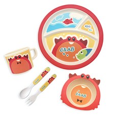 嬰兒竹製可愛印花餐盤餐具組, 螃蟹款, 5種餐具
