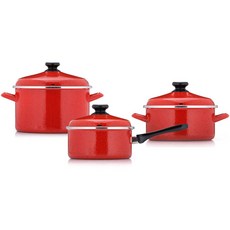 HAMPTONS IH爐適用琺瑯鍋具 B款 3入, 單柄湯鍋18cm+雙耳淺湯鍋20cm+雙耳深湯鍋24cm, Red