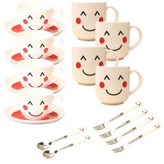 LKmade Bone China 微笑茶具套組 18p, 咖啡杯 4p + 碟子 4p + 茶匙 2p + 茶叉 4p + 杯子 4p, 1套