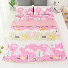 BEAUTE HOUSE 印花可拆式加墊棉被+絎縫床墊+超細纖維枕頭+防水收納袋, 森林音樂會款 粉色