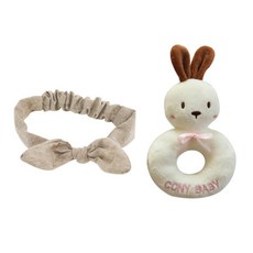 코니베이비 오가닉 신생아 오트밀 헤어밴드 + 딸랑이 세트, 토끼 코니(아이보리), 1개