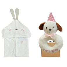 코니베이비 토끼 밤부 오가닉 바스가운타월 + 딸랑이 인형 + 선물박스, 아이보리(강아지), 1세트