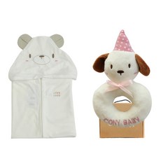 코니베이비 곰 밤부 오가닉 바스가운타월 + 딸랑이 인형 + 선물박스, 아이보리(강아지), 1세트