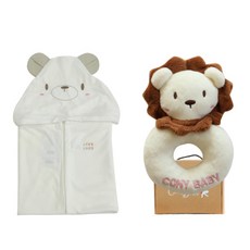코니베이비 곰 밤부 오가닉 바스가운타월 + 딸랑이 인형 + 선물박스, 아이보리(사자), 1세트