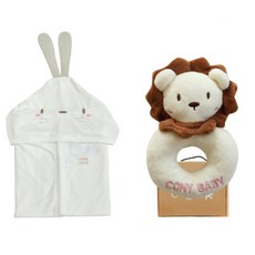 코니베이비 토끼 밤부 오가닉 바스가운타월 + 딸랑이 인형 + 선물박스, 아이보리(사자), 1세트