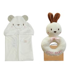 코니베이비 곰 밤부 오가닉 바스가운타월 + 딸랑이 인형 + 선물박스, 아이보리(토끼), 1세트