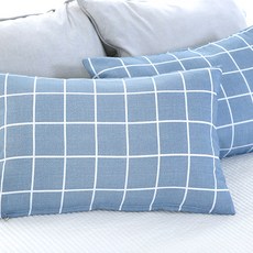 格紋蜜桃絨枕頭套 2入+超細纖維枕芯 2入, 藍色