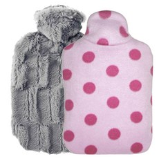 HUGO FROSCH 毛絨防燙布套熱水袋 灰色 1.8L+點點印花防燙布套熱水袋 粉紅色 1.8L, 1組