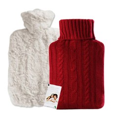 HUGO FROSCH 毛絨防燙布套熱水袋 白色 1.8L+麻花針織防燙布套熱水袋 紅色 1.8L, 1套