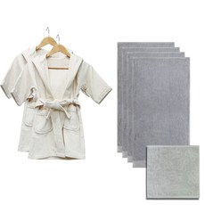 Songwol 松月 孩童用浴袍 米色 M號 2入+飯店系列孩童用浴巾 4入+蝴蝶結壓紋擦手巾, 淺灰色, 1組