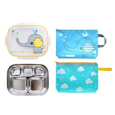 Little Me 大象印花不鏽鋼餐盤便當盒組, 藍色, 餐盤+便當袋A款+便當袋B款