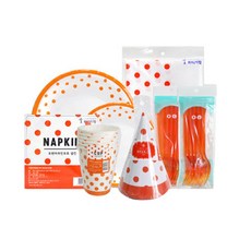 派對用線條圓點圖案餐具 橘色 6入組, 1套