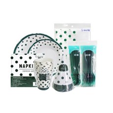 派對用線條圓點圖案餐具 綠色 6入組, 1套