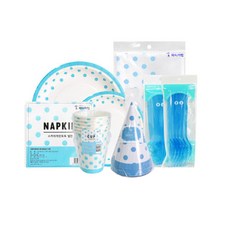 派對用線條圓點圖案餐具 天空藍色 6入組, 1套