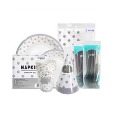 派對用線條圓點圖案餐具 銀色 6入組, 1套