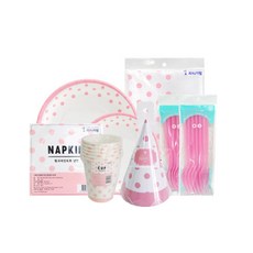 派對用線條圓點圖案餐具 粉色 6入組, 1套