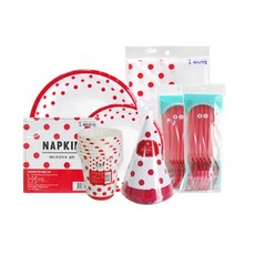 派對用線條圓點圖案餐具 紅色 6入組, 1套