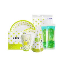 派對用線條圓點圖案餐具 青檸綠色 6入組, 1套